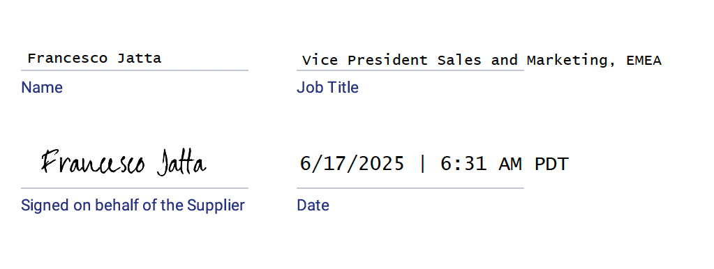 signature of Francesco Jatt, VP of Sales and Marketing, EMEA, 6/17/2025.